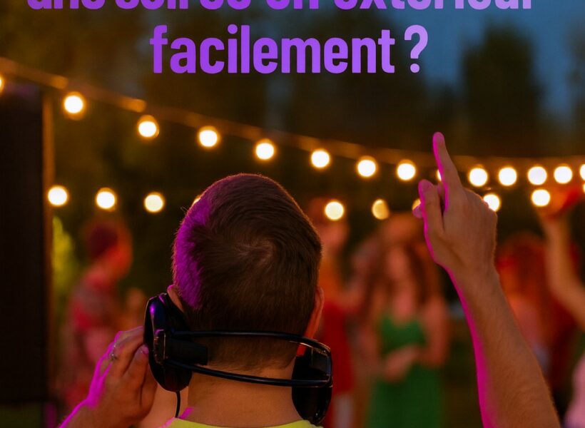 DJ animant une soirée en extérieur avec des invités dansant sous des guirlandes lumineuses – L’Art Scène Animation Caen