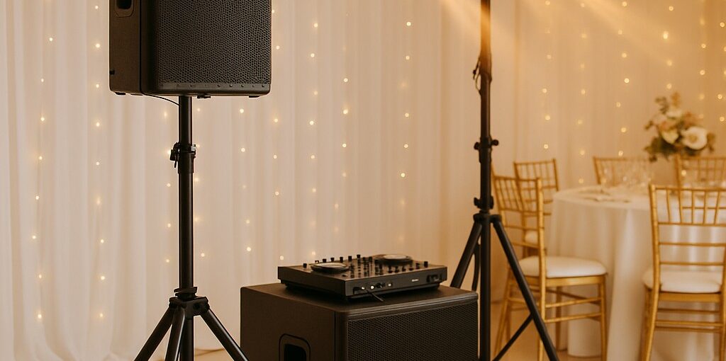 Sono de mariage élégante à Caen avec enceintes, lumière chaude et logo L’Art Scène Animation