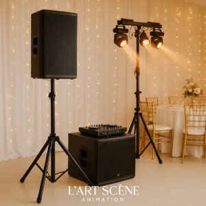 Sono de mariage élégante à Caen avec enceintes, lumière chaude et logo L’Art Scène Animation