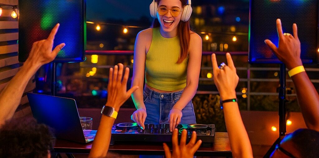 DJ animant une fête de 50 personnes en extérieur, enceintes lumineuses et ambiance festive – L’Art Scène Animation Caen