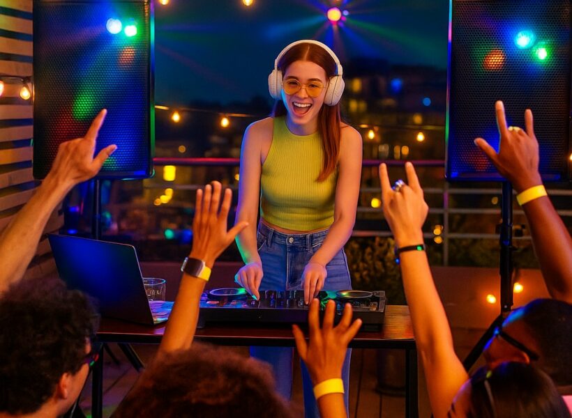 DJ animant une fête de 50 personnes en extérieur, enceintes lumineuses et ambiance festive – L’Art Scène Animation Caen