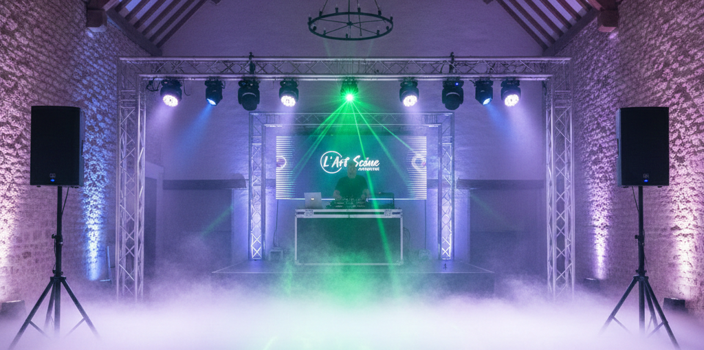 Location de pack sono et jeux de lumière pour mariage et soirée à Caen par L'Art Scène Animation.