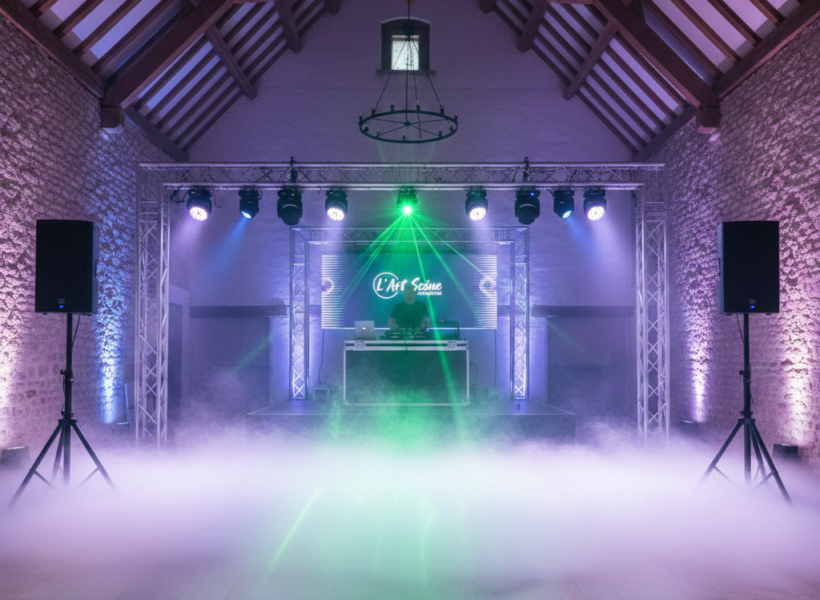 Location de pack sono et jeux de lumière pour mariage et soirée à Caen par L'Art Scène Animation.