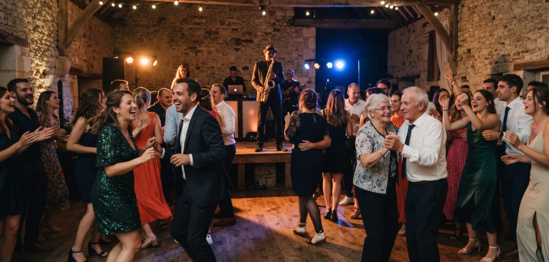 ambiance de piste de danse festive et naturelle lors d'une soirée de mariage